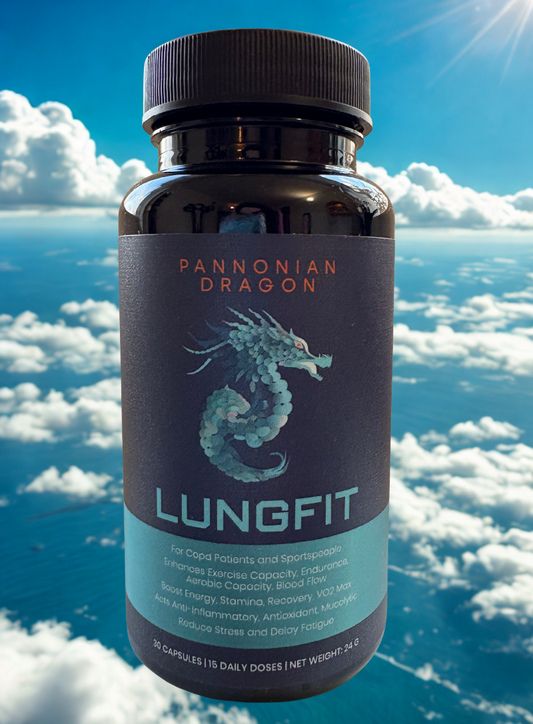 Bottle of Pannonian Dragon LungFit supplement with a blue sky and clouds in the background