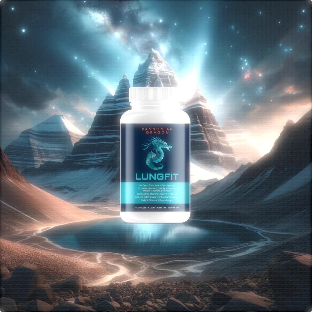 LUNGFIT supplement bottle with a fantasy mountain landscape background